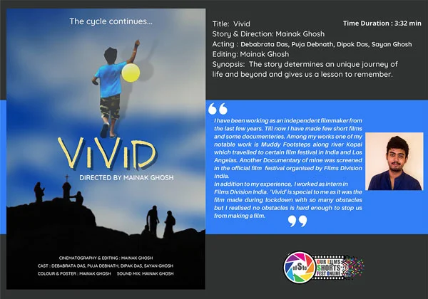 Vivid film poster and filmmaker profile, featuring a figure floating above a hill against a blue sky.