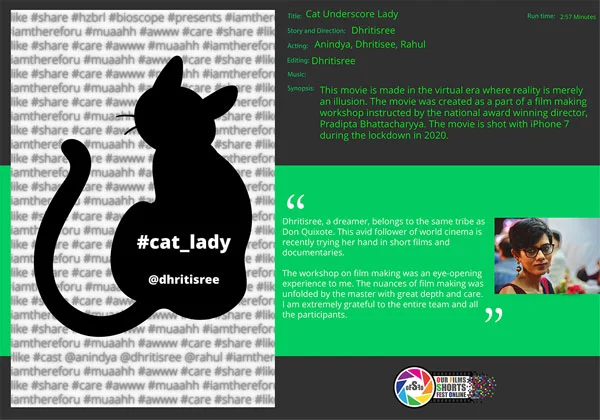 Cat Underscore Lady poster and filmmaker profile, with a black cat silhouette over a background of hashtags.
